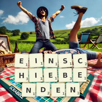 Kreative Illustration für ein Scrabble-Spiel, bei dem das Wort EINSCHIEBENDEN mit Steinen auf dem Brett gelegt wurde.
