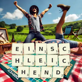 Kreative Illustration für ein Scrabble-Spiel, bei dem das Wort EINSCHLEICHEND mit Steinen auf dem Brett gelegt wurde.