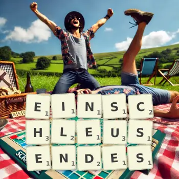 Kreative Illustration für ein Scrabble-Spiel, bei dem das Wort EINSCHLEUSENDES mit Steinen auf dem Brett gelegt wurde.
