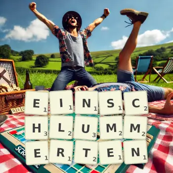Kreative Illustration für ein Scrabble-Spiel, bei dem das Wort EINSCHLUMMERTEN mit Steinen auf dem Brett gelegt wurde.