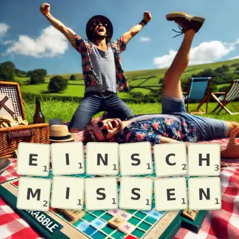 Kreative Illustration für ein Scrabble-Spiel, bei dem das Wort EINSCHMISSEN mit Steinen auf dem Brett gelegt wurde.