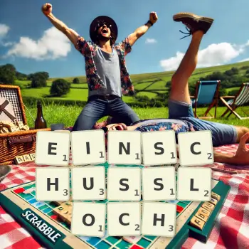 Kreative Illustration für ein Scrabble-Spiel, bei dem das Wort EINSCHUSSLOCH mit Steinen auf dem Brett gelegt wurde.