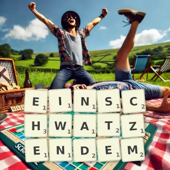 Kreative Illustration für ein Scrabble-Spiel, bei dem das Wort EINSCHWATZENDEM mit Steinen auf dem Brett gelegt wurde.