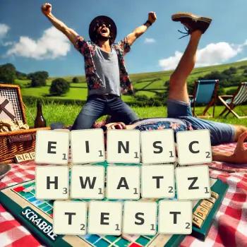 Kreative Illustration für ein Scrabble-Spiel, bei dem das Wort EINSCHWATZTEST mit Steinen auf dem Brett gelegt wurde.