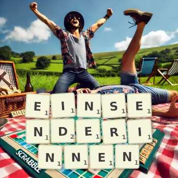 Kreative Illustration für ein Scrabble-Spiel, bei dem das Wort EINSENDERINNEN mit Steinen auf dem Brett gelegt wurde.