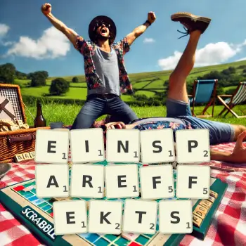 Kreative Illustration für ein Scrabble-Spiel, bei dem das Wort EINSPAREFFEKTS mit Steinen auf dem Brett gelegt wurde.