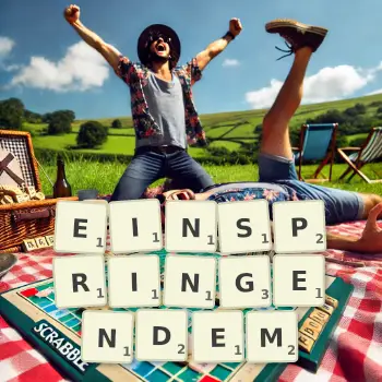 Kreative Illustration für ein Scrabble-Spiel, bei dem das Wort EINSPRINGENDEM mit Steinen auf dem Brett gelegt wurde.