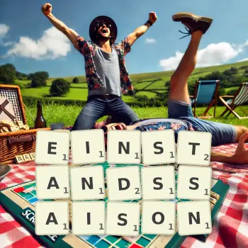Kreative Illustration für ein Scrabble-Spiel, bei dem das Wort EINSTANDSSAISON mit Steinen auf dem Brett gelegt wurde.