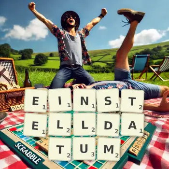 Kreative Illustration für ein Scrabble-Spiel, bei dem das Wort EINSTELLDATUM mit Steinen auf dem Brett gelegt wurde.