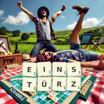 Kreative Illustration für ein Scrabble-Spiel, bei dem das Wort EINSTÜRZ mit Steinen auf dem Brett gelegt wurde.