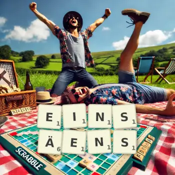 Kreative Illustration für ein Scrabble-Spiel, bei dem das Wort EINSÄENS mit Steinen auf dem Brett gelegt wurde.