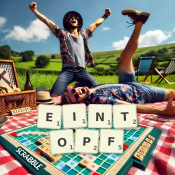 Kreative Illustration für ein Scrabble-Spiel, bei dem das Wort EINTOPF mit Steinen auf dem Brett gelegt wurde.