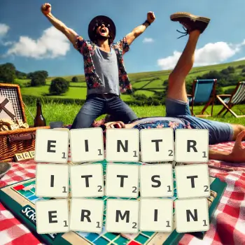 Kreative Illustration für ein Scrabble-Spiel, bei dem das Wort EINTRITTSTERMIN mit Steinen auf dem Brett gelegt wurde.