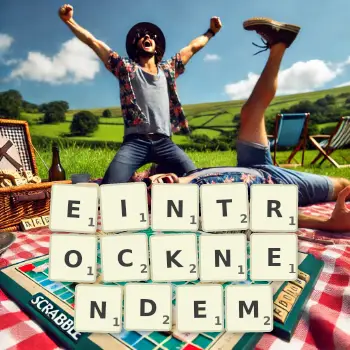 Kreative Illustration für ein Scrabble-Spiel, bei dem das Wort EINTROCKNENDEM mit Steinen auf dem Brett gelegt wurde.