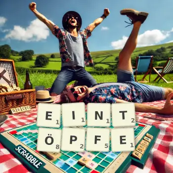 Kreative Illustration für ein Scrabble-Spiel, bei dem das Wort EINTÖPFE mit Steinen auf dem Brett gelegt wurde.
