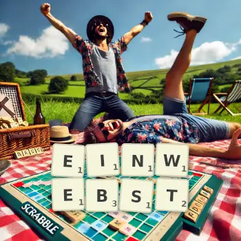 Kreative Illustration für ein Scrabble-Spiel, bei dem das Wort EINWEBST mit Steinen auf dem Brett gelegt wurde.