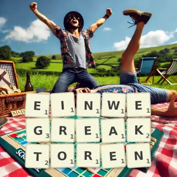Kreative Illustration für ein Scrabble-Spiel, bei dem das Wort EINWEGREAKTOREN mit Steinen auf dem Brett gelegt wurde.