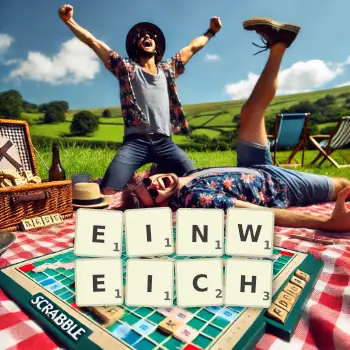 Kreative Illustration für ein Scrabble-Spiel, bei dem das Wort EINWEICH mit Steinen auf dem Brett gelegt wurde.
