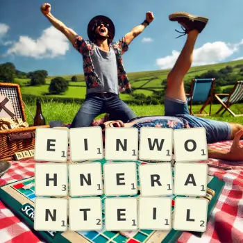 Kreative Illustration für ein Scrabble-Spiel, bei dem das Wort EINWOHNERANTEIL mit Steinen auf dem Brett gelegt wurde.