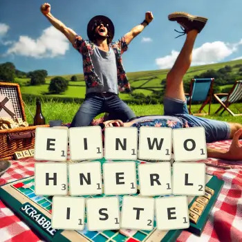 Kreative Illustration für ein Scrabble-Spiel, bei dem das Wort EINWOHNERLISTE mit Steinen auf dem Brett gelegt wurde.