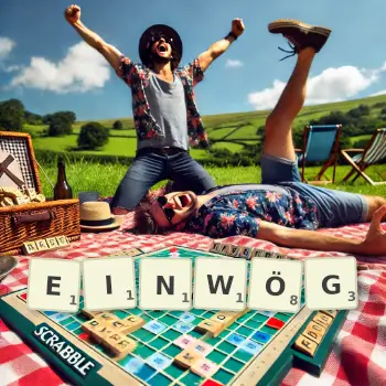 Kreative Illustration für ein Scrabble-Spiel, bei dem das Wort EINWÖG mit Steinen auf dem Brett gelegt wurde.