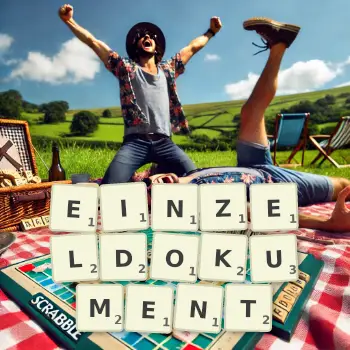 Kreative Illustration für ein Scrabble-Spiel, bei dem das Wort EINZELDOKUMENT mit Steinen auf dem Brett gelegt wurde.