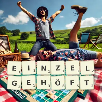 Kreative Illustration für ein Scrabble-Spiel, bei dem das Wort EINZELGEHÖFT mit Steinen auf dem Brett gelegt wurde.