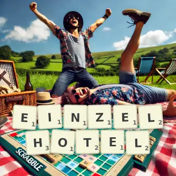 Kreative Illustration für ein Scrabble-Spiel, bei dem das Wort EINZELHOTEL mit Steinen auf dem Brett gelegt wurde.
