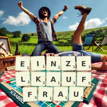 Kreative Illustration für ein Scrabble-Spiel, bei dem das Wort EINZELKAUFFRAU mit Steinen auf dem Brett gelegt wurde.