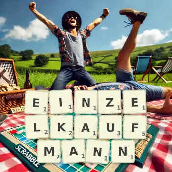 Kreative Illustration für ein Scrabble-Spiel, bei dem das Wort EINZELKAUFMANN mit Steinen auf dem Brett gelegt wurde.