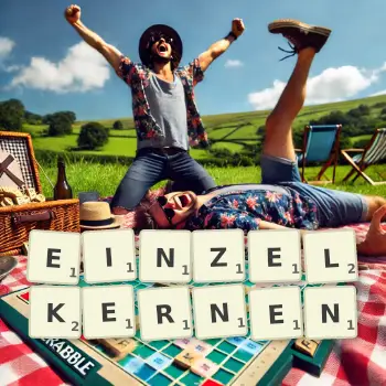 Kreative Illustration für ein Scrabble-Spiel, bei dem das Wort EINZELKERNEN mit Steinen auf dem Brett gelegt wurde.