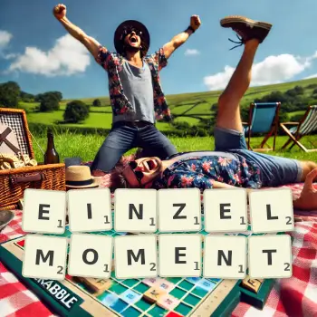 Kreative Illustration für ein Scrabble-Spiel, bei dem das Wort EINZELMOMENT mit Steinen auf dem Brett gelegt wurde.