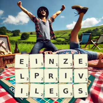 Kreative Illustration für ein Scrabble-Spiel, bei dem das Wort EINZELPRIVILEGS mit Steinen auf dem Brett gelegt wurde.