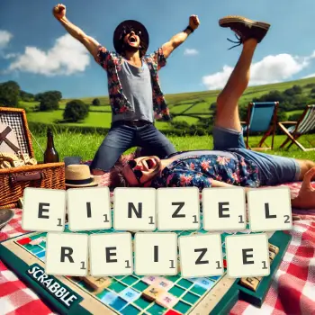 Kreative Illustration für ein Scrabble-Spiel, bei dem das Wort EINZELREIZE mit Steinen auf dem Brett gelegt wurde.