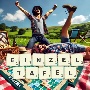 Kreative Illustration für ein Scrabble-Spiel, bei dem das Wort EINZELTAFEL mit Steinen auf dem Brett gelegt wurde.