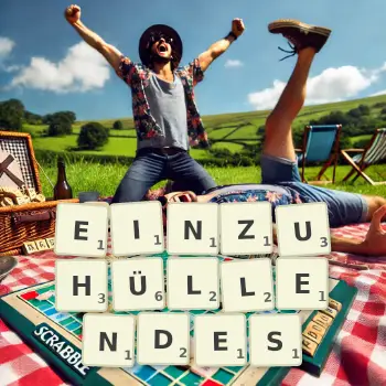 Kreative Illustration für ein Scrabble-Spiel, bei dem das Wort EINZUHÜLLENDES mit Steinen auf dem Brett gelegt wurde.