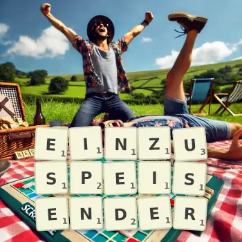 Kreative Illustration für ein Scrabble-Spiel, bei dem das Wort EINZUSPEISENDER mit Steinen auf dem Brett gelegt wurde.