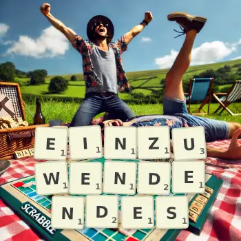 Kreative Illustration für ein Scrabble-Spiel, bei dem das Wort EINZUWENDENDES mit Steinen auf dem Brett gelegt wurde.