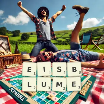 Kreative Illustration für ein Scrabble-Spiel, bei dem das Wort EISBLUME mit Steinen auf dem Brett gelegt wurde.