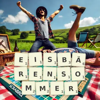 Kreative Illustration für ein Scrabble-Spiel, bei dem das Wort EISBÄRENSOMMER mit Steinen auf dem Brett gelegt wurde.