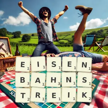 Kreative Illustration für ein Scrabble-Spiel, bei dem das Wort EISENBAHNSTREIK mit Steinen auf dem Brett gelegt wurde.
