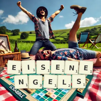 Kreative Illustration für ein Scrabble-Spiel, bei dem das Wort EISENENGELS mit Steinen auf dem Brett gelegt wurde.