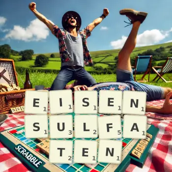 Kreative Illustration für ein Scrabble-Spiel, bei dem das Wort EISENSULFATEN mit Steinen auf dem Brett gelegt wurde.