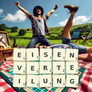 Kreative Illustration für ein Scrabble-Spiel, bei dem das Wort EISENVERTEILUNG mit Steinen auf dem Brett gelegt wurde.