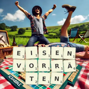 Kreative Illustration für ein Scrabble-Spiel, bei dem das Wort EISENVORRÄTEN mit Steinen auf dem Brett gelegt wurde.