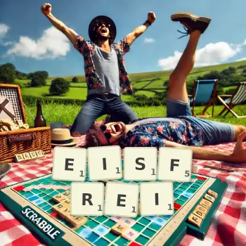 Kreative Illustration für ein Scrabble-Spiel, bei dem das Wort EISFREI mit Steinen auf dem Brett gelegt wurde.