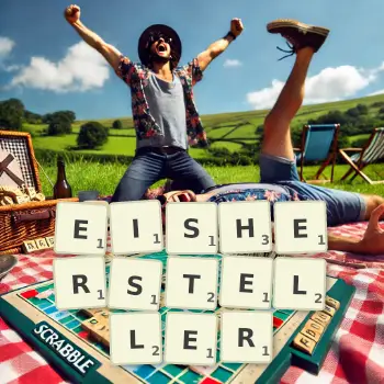 Kreative Illustration für ein Scrabble-Spiel, bei dem das Wort EISHERSTELLER mit Steinen auf dem Brett gelegt wurde.