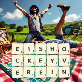 Kreative Illustration für ein Scrabble-Spiel, bei dem das Wort EISHOCKEYVEREIN mit Steinen auf dem Brett gelegt wurde.