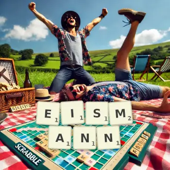 Kreative Illustration für ein Scrabble-Spiel, bei dem das Wort EISMANN mit Steinen auf dem Brett gelegt wurde.