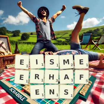Kreative Illustration für ein Scrabble-Spiel, bei dem das Wort EISMEERHAFENS mit Steinen auf dem Brett gelegt wurde.
